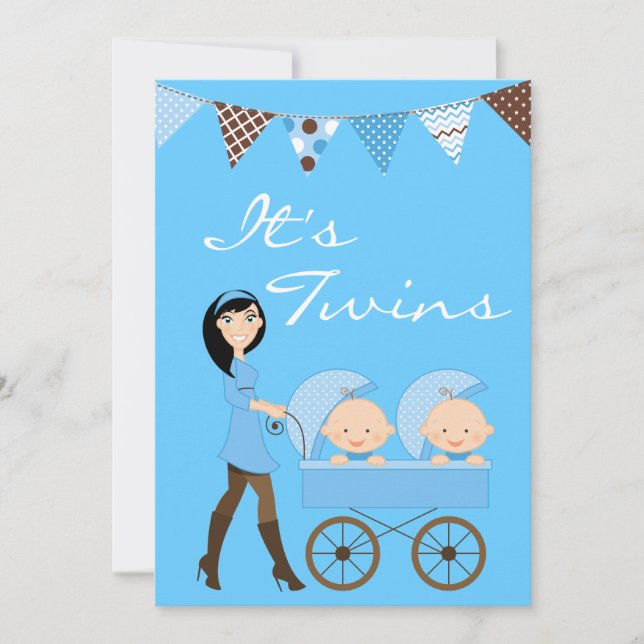 Brunette Twin Boys Baby Shower Invitation (Front)
