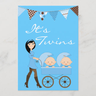 Brunette Twin Boys Baby Shower Invitation