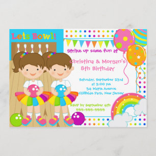 Brunette Twins Girl Bowling Birthday Party Invitation