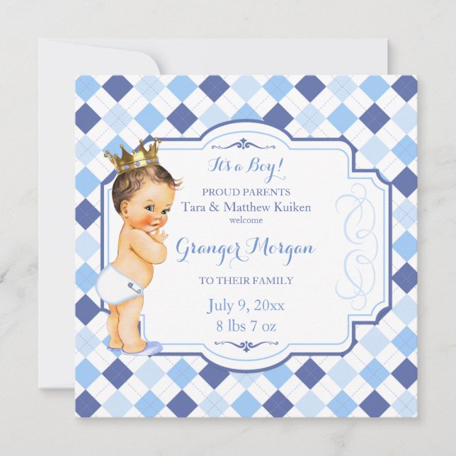 Brunette Vintage Baby Crown Little Prince Argyle Announcement (Front)