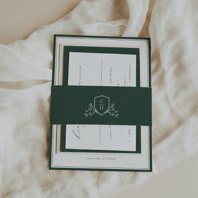BRUNSWICK Green Botanical Monogram Crest Invitation Belly Band (Creator Uploaded)