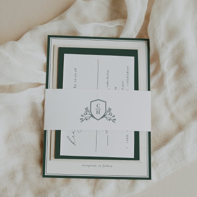 BRUNSWICK Green Botanical Monogram Crest Invitation Belly Band (Creator Uploaded)