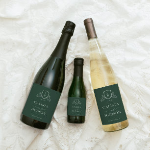 BRUNSWICK Green Monogram Crest Wedding Sparkling Wine Label