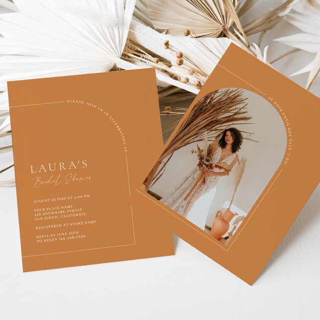 Brunt Orange Minimalist Arch Photo Bridal Shower Invitation (Creator Uploaded)