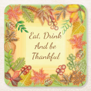 Brush Art of Fall Foliage for Thanksgiving Square Paper Coaster