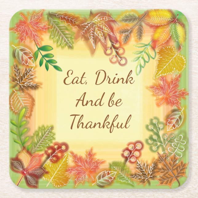 Brush Art of Fall Foliage for Thanksgiving Square Paper Coaster (Front)