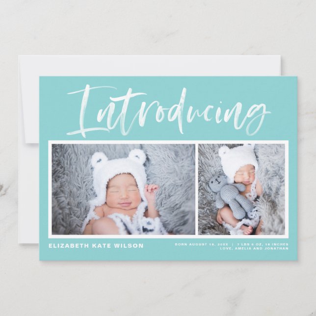 Brush Calligraphy Aqua Blue Photo Collage Birth Announcement (Front)
