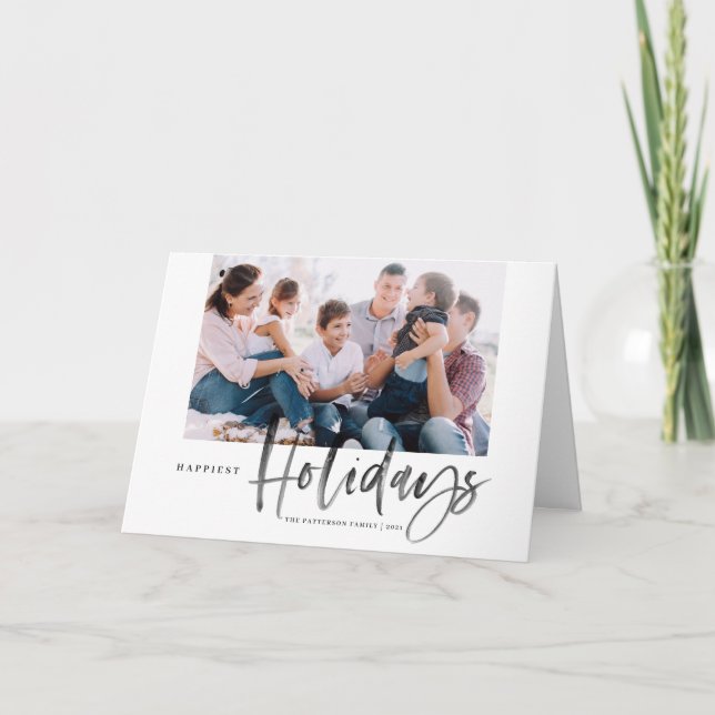 Brush Calligraphy Black Happiest Holidays Photo Holiday Card (Front)