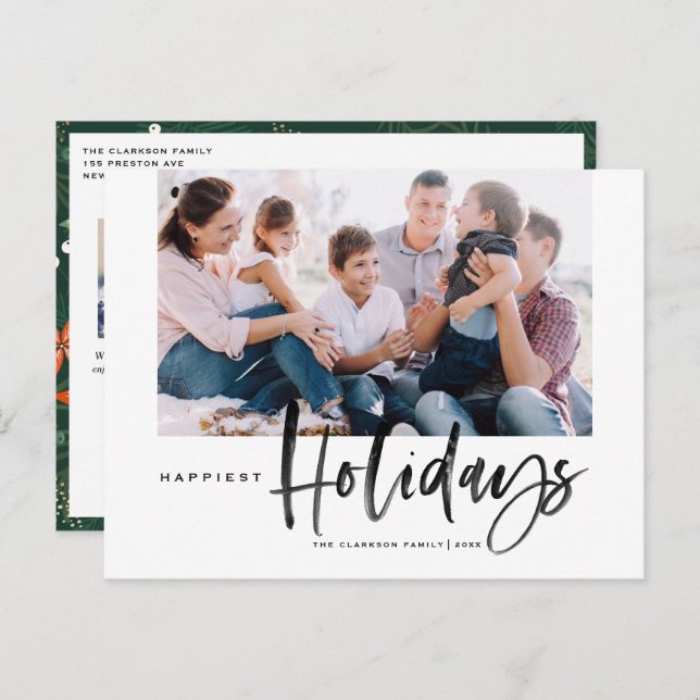 Brush Calligraphy Black Happiest Holidays Photo Holiday Postcard (Front/Back)