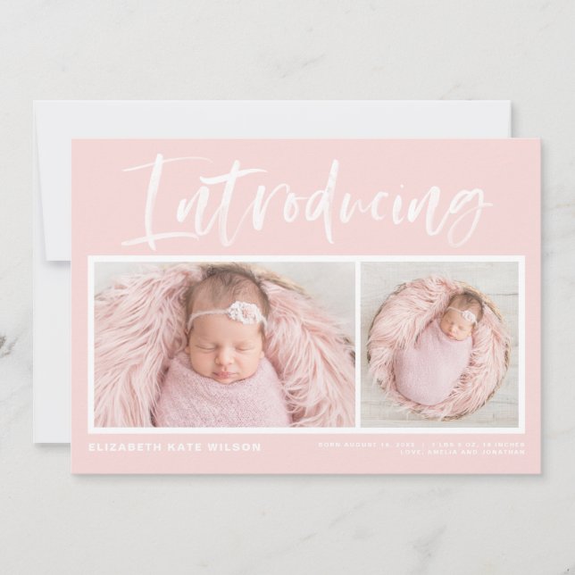 Brush Calligraphy Blush Pink Photo Collage Birth Announcement (Front)