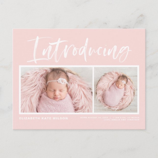 Brush Calligraphy Blush Pink Photo Collage Birth Announcement Postcard (Front)