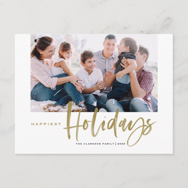 Brush Calligraphy Gold Happiest Holidays Photo Holiday Postcard (Front)