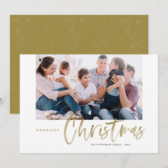 Brush Calligraphy Gold Merriest Christmas Photo Holiday Card (Front/Back)