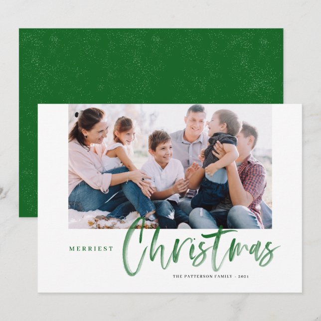 Brush Calligraphy Green Merriest Christmas Photo Holiday Card (Front/Back)