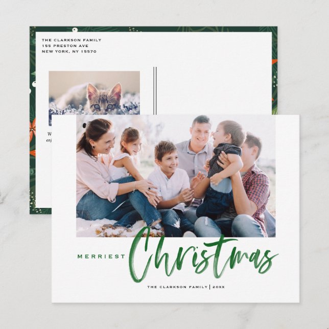 Brush Calligraphy Green Merriest Christmas Photo Holiday Postcard (Front/Back)