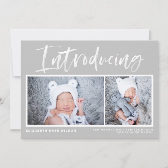Brush Calligraphy Grey Photo Collage Birth Announcement (Front)