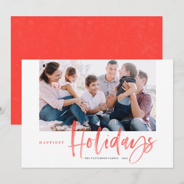 Brush Calligraphy Red Happiest Holidays Photo Holiday Card (Front/Back)