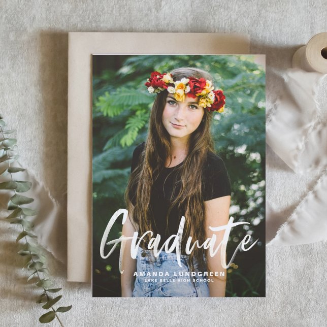 Brush Calligraphy Typography Photo Graduation Invitation (Customizable photo graduation invitation featuring white brush lettering.)