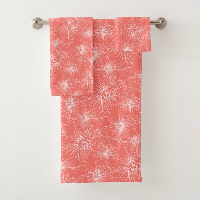 Brush cherry lilly-pilly floral white coral  bath towel set (Insitu)