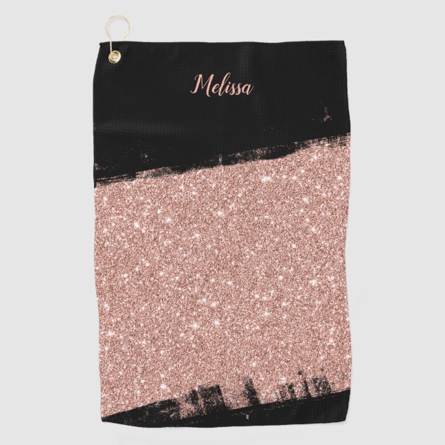 Brush Glitter Rose Gold Black Personalised Golf Towel (Front)