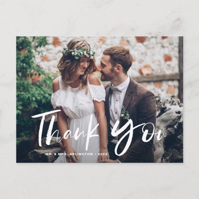 Brush Hand Lettered Photo Wedding Thank You Postcard (Front)