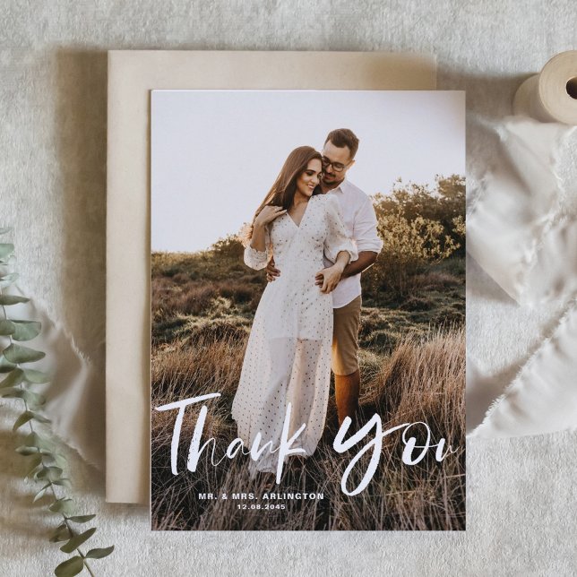Brush Hand Lettering Vertical Photo Wedding Thank You Card (Creator Uploaded)