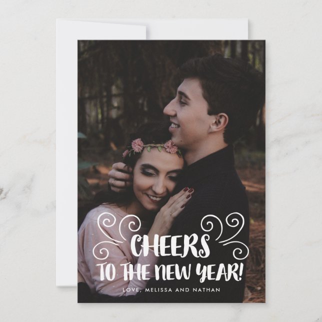 Brush Lettered Cheers New Year Personalised Photo Holiday Card (Front)