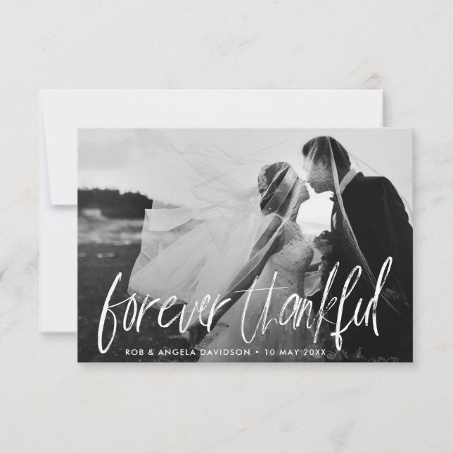 brush lettering bride & groom wedding photo thank you card (Front)