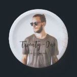 Brush Lettering Custom Photo Birthday Party Paper  Paper Plate<br><div class="desc">This photo custom paper plate will add stylish detail to your birthday party. This design features brush lettering "Twenty-One" with custom text. You can personalise the text with any age or other event. More custom party supplies are available in my shop BaraBomDesign.</div>