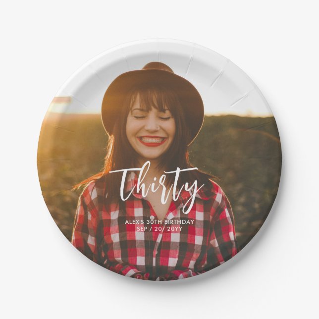 Brush Lettering Custom Photo Birthday Party Paper Plate (Front)