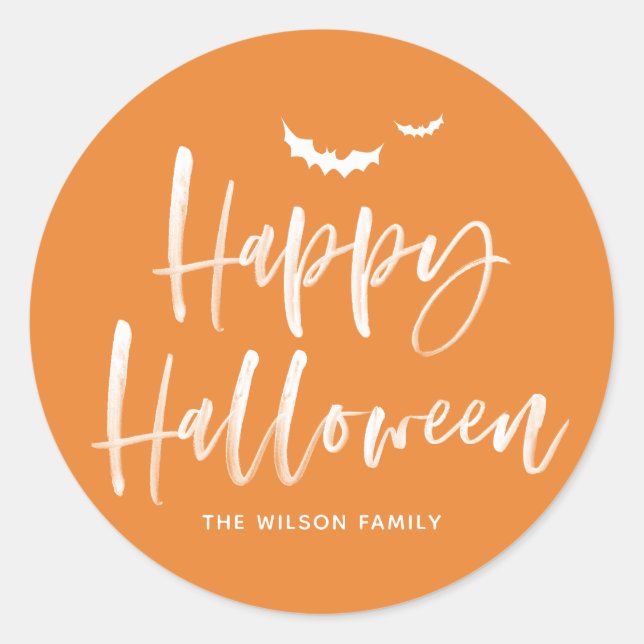 Brush Lettering Happy Halloween | Orange Thank You Classic Round Sticker (Front)