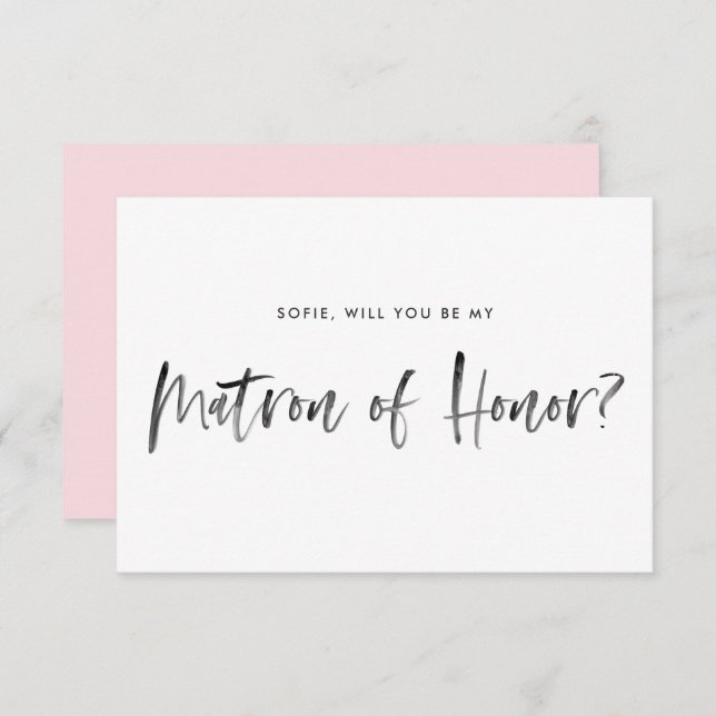 Brush Lettering Pink Be My Matron of Honour Invitation (Front/Back)