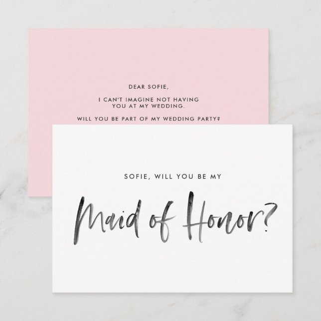 Brush Lettering Pink Will You Be My Maid of Honour Invitation (Front/Back)
