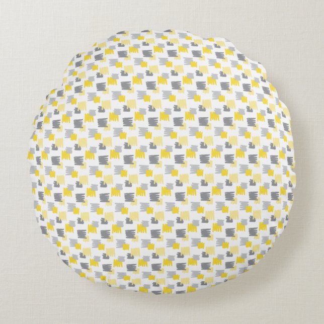 Brush Lined Pattern Yellow & Grey Round Pillow (Front)