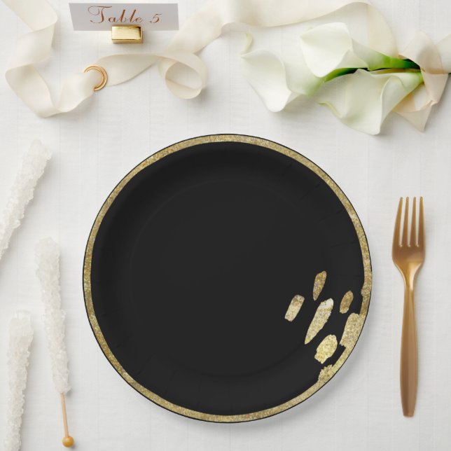 Brush Marks | Gold and Black Circle with Paint Paper Plate (Wedding)