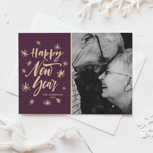 Brush Modern Calligraphy Happy New Year Photo Holiday Card (Brush Modern Calligraphy Happy New Year Photo Holiday Card)