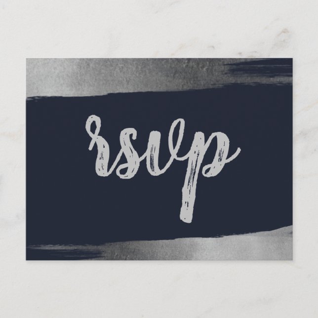 Brush Rustic Navy Silver Simple Modern RSVP Invitation Postcard (Front)
