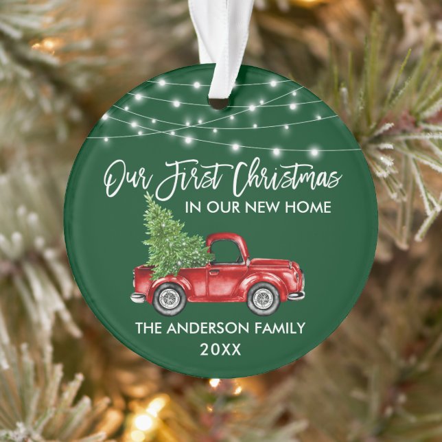 Brush Script 1st Christmas Home Truck Lights Green Ornament (Tree)