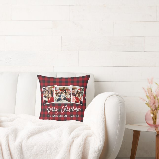 Brush Script 3 Photo Christmas Red Buffalo Plaid Cushion (Couch)