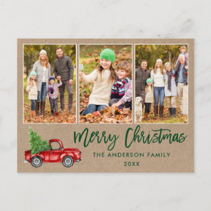 Brush Script 3 Photo Christmas Truck Kraft Postcard