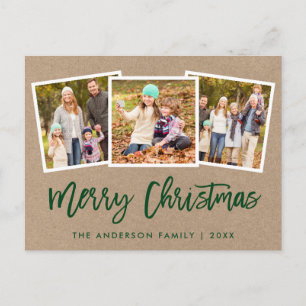 Brush Script 3 Photo Family Christmas Kraft Postcard