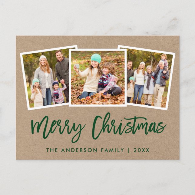 Brush Script 3 Photo Family Christmas Kraft Postcard (Front)