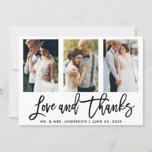 Brush Script 3 Photo Wedding Love and Thanks Thank You Card
