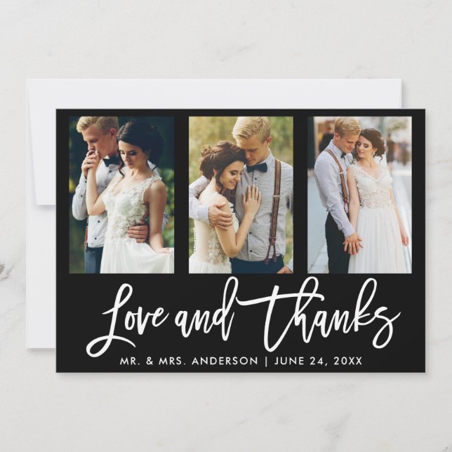 Brush Script 3 Photo Wedding Love Thanks Blk Thank You Card (Front)