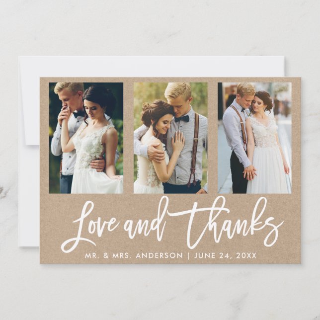 Brush Script 3 Photo Wedding Love Thanks Kraft Thank You Card (Front)