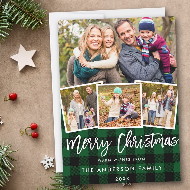 Brush Script 4 Photo Christmas Green Plaid Holiday Card (Customize to add text or more photos to back of card.)