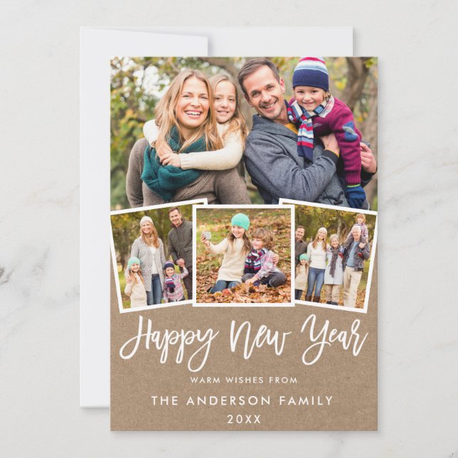 Brush Script 4 Photo New Year Kraft Holiday Card (Front)