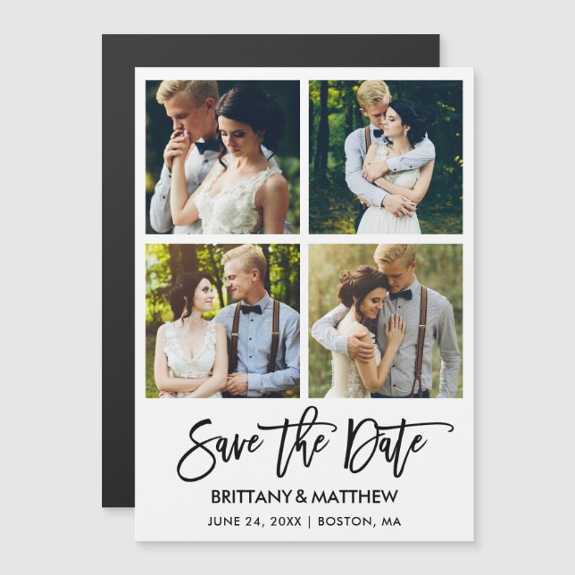 Brush Script 4 Photos Magnetic Save The Date (Front/Back)