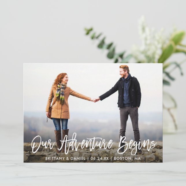 Brush Script Adventure Save The Date Photo Card (Standing Front)