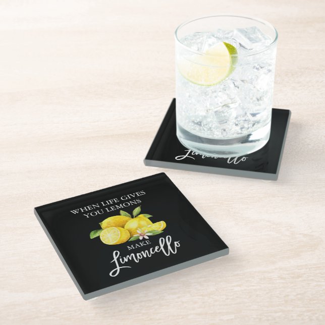 Brush Script Black Watercolor Lemons Limoncello Glass Coaster (Angled)